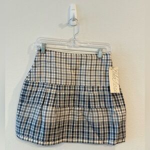 NWT Lela Rose 100% Silk Blue and White Plaid Mini Skirt